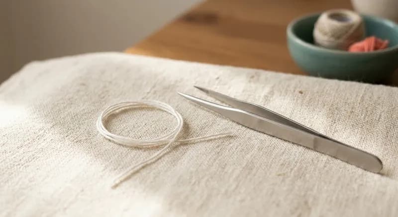 Linha de algodão e pinça sobre linho